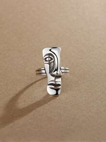 1 pieza Anillo de retrato de media cara exagerado y ajustable, joyería para fiestas - Plata antigua - Ver 1