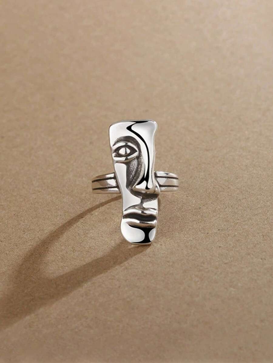 1 pieza Anillo de retrato de media cara exagerado y ajustable, joyería para fiestas - Plata antigua - Ver 1