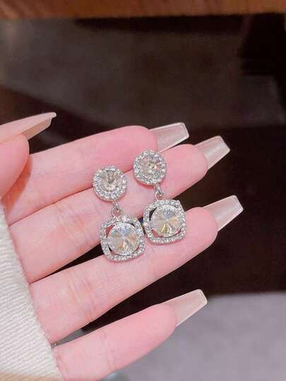 1对韩式优雅方糖耳环，女士款，独特迷人的水钻耳钉，百搭精致的珠宝礼品，适合日常佩戴