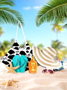1pc Cartoon Cow Print Microfiber Beach Towel, Foldable Into Beach Bag, With Pockets For Glasses & Phone, Quick Dry Beach Chair Cover, Convenient To Carry - A - View 6