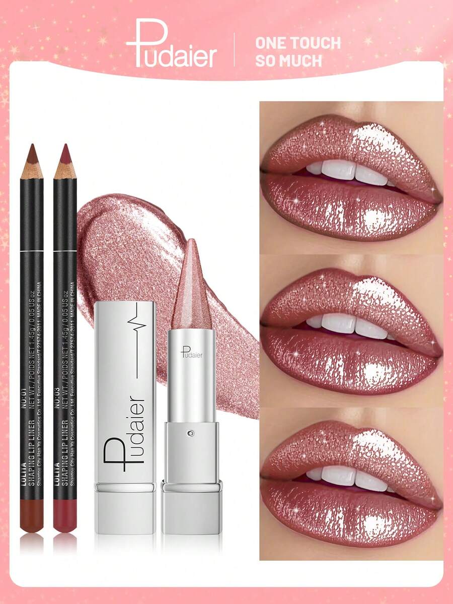 Pudaier 3 Packs Matte Lip Liner Set With Metallic Lipstick – Smooth Gliding Lip Liners For Defined Lips & Luxurious Diamond Finish Lipstick – Perfect Gift For Women For Thanksgiving & Christmas - 3PCS SET - View 1