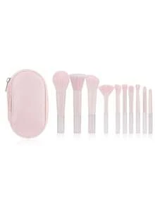 10pcs Makeup Brush Set With Pouch, Foundation Brush, Eyeshadow Brush, Highlighter Brush, Powder Brush, Blush Brush, Multi-Functional Makeup Brushes - Pink - View 9