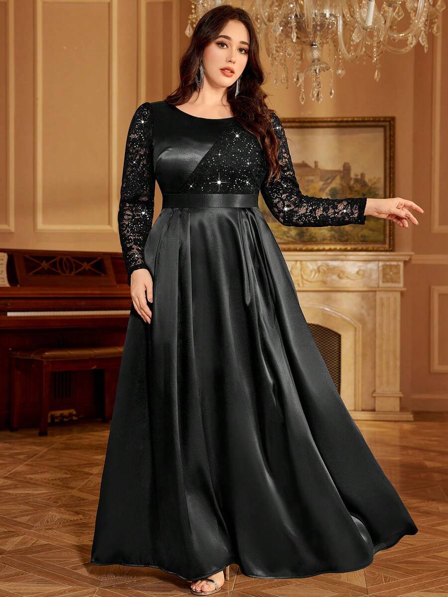 MISSMAY Plus Sequin Floral Lace Contrast Satin Pleated Hem Formal Evening Party Long Dress - màu đen - Xem 1