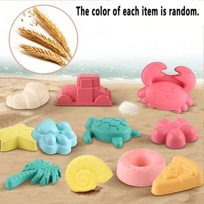 12件套儿童沙滩玩具套装，包含1个加厚沙滩桶和挖沙工具。沙滩桶经过加固处理，挖沙工具由麦秸制成。这套12件互动沙滩玩具套装是玩沙的理想之选。