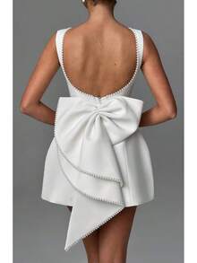 New Summer Women's Pearl Bow Back Fashionable Slim Fit Short Dress Hot Girl A-Line Dress - 白色 - 查看 4