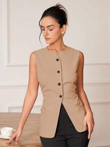Áo vest không tay ôm sát, thanh lịch, quyến rũ, phong cách cổ điển dành cho nữ, áo croptop công sở thường ngày, thích hợp cho mùa xuân/hè. - màu nâu - Xem 8