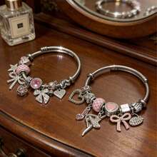 1件装多吊坠时尚心形蝴蝶结串珠不锈钢手链，女友礼物，节日礼物 - 銀色 - 查看 6