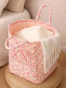 Pink Multi-Size Storage Basket Storage Basket, Desktop Sundries Storage Basket, Quilted Floral Storage Basket Laundry Basket Floral Clothing Storage Basket Large Capacity Laundry Basket Storage Bag Foldable Snack Basket With Handle Skincare Tool Storage Basket Toy Storage Basket Empty Basket Storage Bag - Pink - View 5