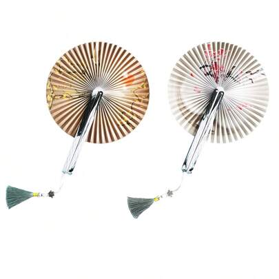 1pc Chinese Style Folding Paper Fan, Decorative Hand-Held Fan, Suitable For Spring/Summer, Costumes, Parties, Dance Performances, Photography Props, Retro Tasseled Round Fan For Hanfu And Cheongsam, Elegant Vintage Oil Painting Paper Hand Fan, Suitable For All Seasons