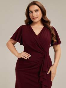 EVERPRETTY Vestido de noche asimétrico con cuello en V, fruncido y abertura alta para mujer talla grande, color borgoña, adecuado para invitadas de boda y ocasiones semiformales - Burdeos - Ver 5