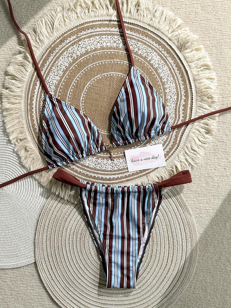 2026新款女士比基尼两件式泳衣，撞色条纹图案，系带露背时尚休闲泳装，适合海滩、度假、派对等场合。 - 藍色棕色 - 查看 1