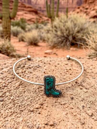 1 Pc Western Antique Silver Turquoise Stone Cowgirl Boot Bangle Bracelet For Women – Western Boho Jewelry For Cowgirl