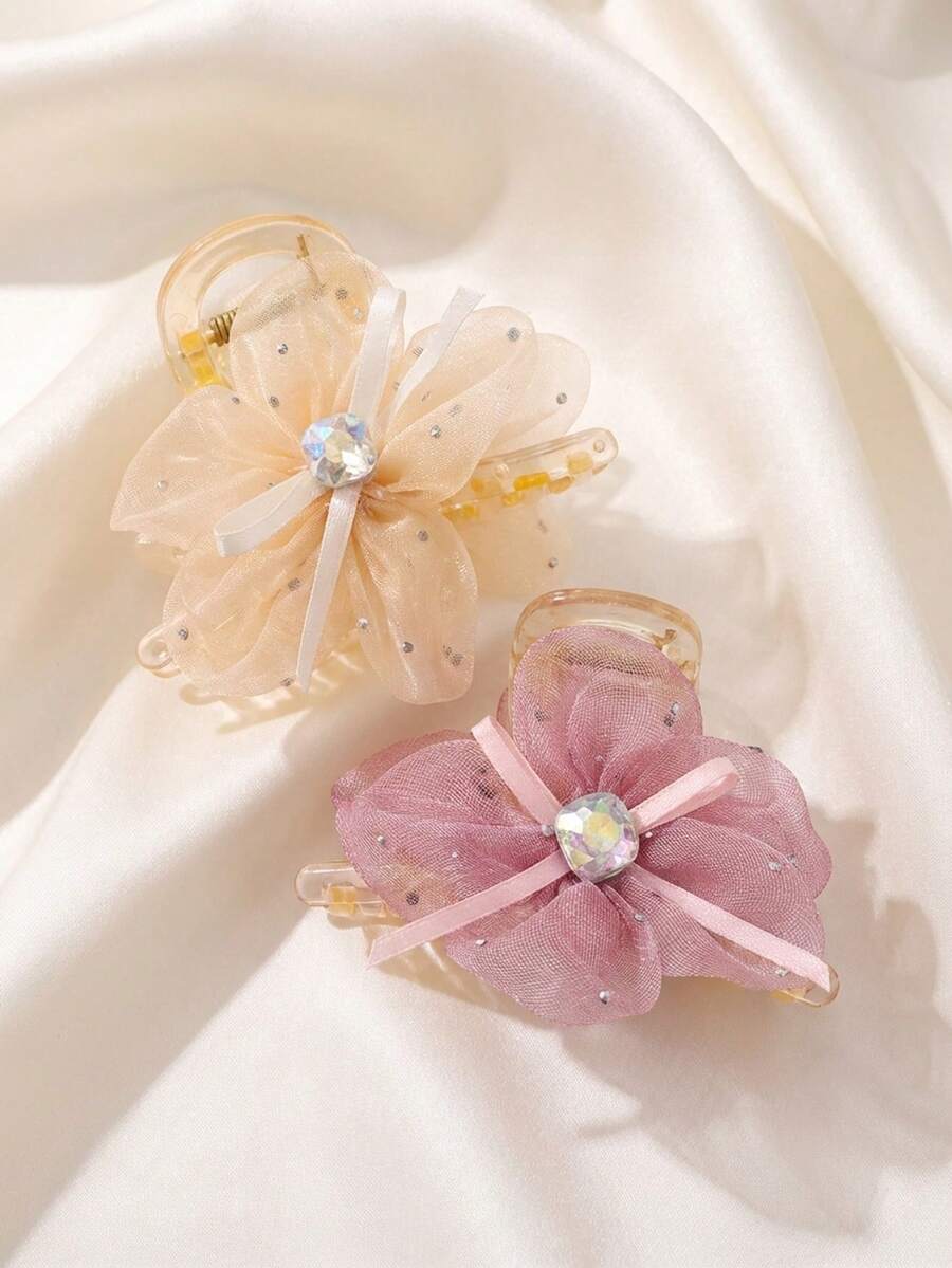 2pcs Floral & Crystal Hair Clips, Designed For Elegant & Girl For Daily And Special Occasions - Multicolor - View 1