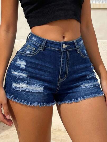 Women's Blue Denim Shorts, Casual Style, Straight Leg, Distressed Details, Frayed Hem, Medium Stretch, Non-Sheer, Zipper Closure