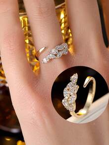 1pc Luxury Leaf Rhinestone Open Ring, Adjustable Minimalist Design Finger Ring, Delicate Versatile Jewelry Accessory For Women - Open Ring - View 4