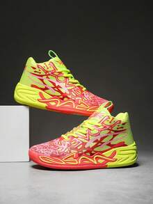 男士时尚减震运动鞋，涂鸦青少年篮球鞋 - 舒适透气，防滑减震运动鞋，适合训练、跑步和步行（迷彩不对称图案） - 紅黃 - 查看 4