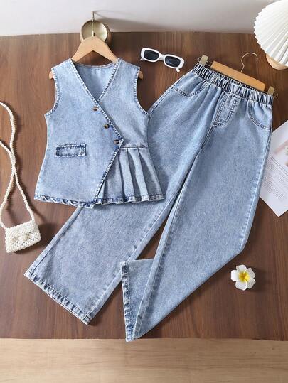 2pcs/Set Girls Casual Chic Asymmetric Hem Sleeveless Top And Vintage Loose Straight Leg Pants Set, Summer