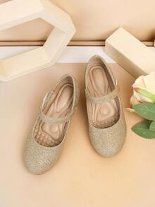 1 Pair Girls' Elegant Fashion Classic Low Heel Shoes, Shiny Material, Suitable For Banquets And Parties - Gold - View 1