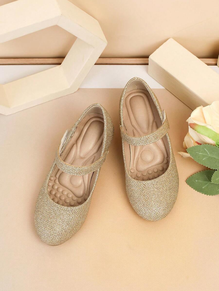 1 Pair Girls' Elegant Fashion Classic Low Heel Shoes, Shiny Material, Suitable For Banquets And Parties - Gold - View 1