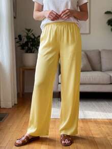 Pantalones para Mujer Marrón Sólidos, Cintura Elástica y Pierna Ancha Larga, Elegantes para Uso Casual y Fin de Semana en Verano - Amarillo - Ver 10