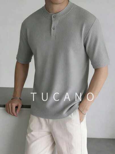 Tucano Men's Light Grey Vertical Striped Henley Neck Short Sleeve Knit Sweater, Business Casual Style, Suitable For Office And Daily Wear