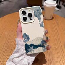 1pc TPU Material Healing Blue Wave Seashell Pattern Phone Case Suitable For IPhone 17 Pro Max/17/16 Pro Max/15/13/12/11, S20 FE/A15/S24/A55, Note 11/Note 12/Note 13 Pro, Full Coverage Anti-Drop Soft Protective Phone Cover - White - View 4