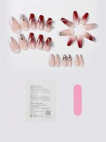 24pcs Long Coffin-Shaped Gradient Pink Heart Chain Nail Stickers, Includes Double-Sided Jelly Glue Sheet And Nail File - Multicolor - View 7