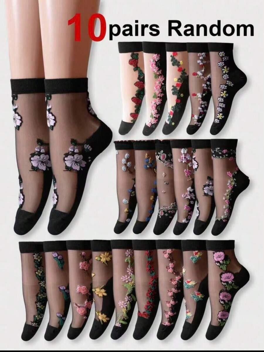 10 Pairs Women's Thin Mesh Socks, Summer Ruffled Sheer Silky Lace Ankle Socks, Cute Long Socks, Suitable For Autumn - Multicolor - View 1