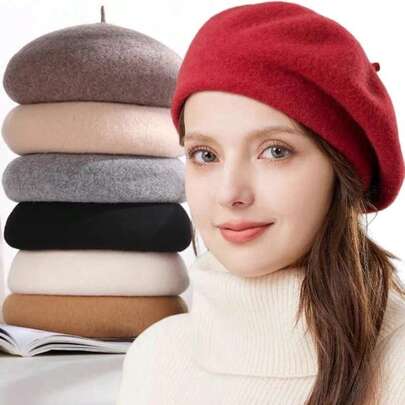 Boina Francesa Artista Lã Quente Inverno Gorro Chapéu Vintage Feminino Menina Lisa Chapéus Cor Sólida Elegante Senhora B