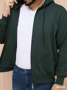 Men's Fleece Sweatshirt Without Hood, Crew Neck, Plain Flannel - 深綠色 - 查看 4