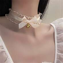 Women's Lace Bow Tie Collar With Small Bell Pendant Necklace, Suitable For Evening Gown And Wedding - Black - View 2
