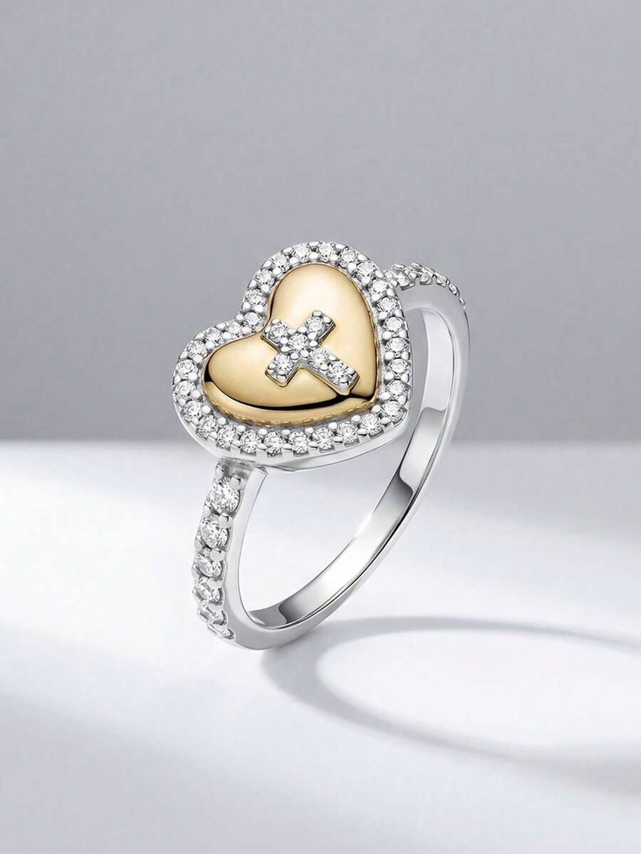 1pc 925 Sterling Silver Cross & Heart Shaped Ring, Suitable For Daily Wear And Party, High-Quality Jewelry Gift