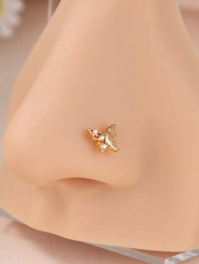 1 chiếc khuyên mũi hình bướm rỗng, đính đá CZ trong suốt, hình chữ L, trọng lượng 20g, màu vàng kim, trang sức xỏ lỗ mũi dễ thương cho hàng ngày, đi biển, du lịch và dự tiệc.