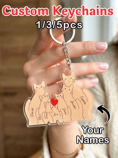 Chaveiro personalizado com 1, 3 ou 5 peças, em acrílico, com nome personalizado (de 2 a 7 nomes). Estilo desenho animado fofo, impressão resistente e nítida. Ideal para presentes de família, Dia das Mães, Dia dos Pais, festas temáticas de animais, associações de animais, aniversários, Natal, mochilas e chaveiros de carro.