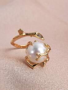 1pc 18K Gold Plated Natural Pearl & Cubic Zirconia Tree Branch Open Ring, Suitable For Women & Men, Daily Or Party Wear - White - View 3