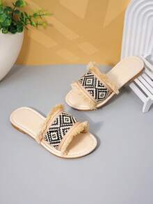 Girls' Beige Geometric Woven Fringe Slide Sandals, Bohemian Open Toe Vacation Shoes For Kids - Apricot - View 7