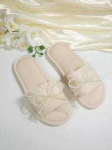 Elegant Home Fashion Fabric Pearl Slippers, Spring/Autumn New Design Ladies House Slippers - Beige - View 8