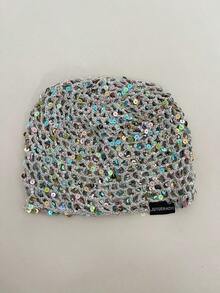 1pc Black Label With Sequin Lettering, Handmade Crochet Shiny Sequin Hollow Out Beanie Hat, Fashionable Retro Versatile Lightweight Breathable Knit Cap For Women, Spring/Summer - Multicolor - View 11