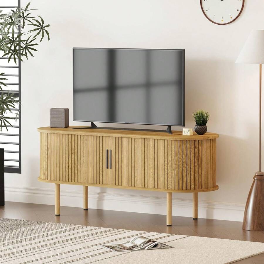 47 "Medio siglo moderno armario buffet lateral - gabinete de almacenamiento de puerta deslizante de roble para cocina, sala de estar y entrada - Mango dorado - Ver 1