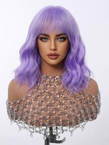 FIVE STARS Purple 14 Inch Short Curly Bob Wigs With Bangs For Women,Heat-Resistant Synthetic Fiber Hair,Wigs For Daily Party Cosplay Wear Music Festival - 紫色 - 查看 5