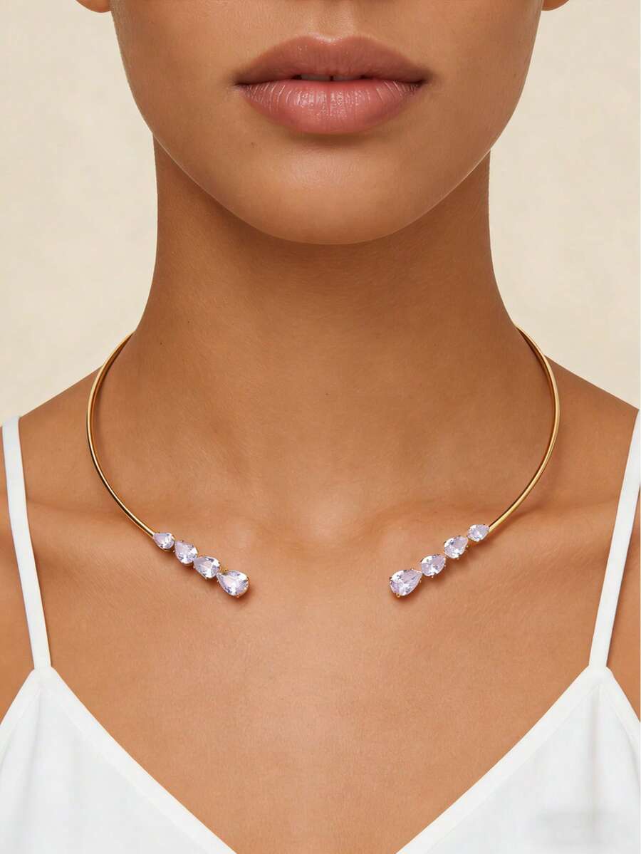 1件女士水滴形锆石颈链，时尚简约日常佩戴金属锁骨链 - 金色 - 查看 1