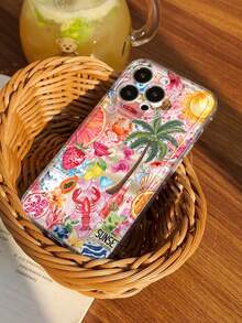1pc Tropical Island Themed Patchwork Seafood Tropical Fruit Beverage Shell Pattern Transparent Anti-Slip Soft Phone Case Compatible With IPhone 11/12/13/14/15/16/17 Pro Max - Multicolor - View 3