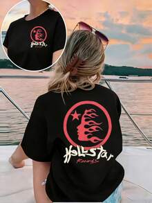 Hellstars Fire Hair Logo Vintage Washed T-Shirt Double Sided Printed (220g 100% Cotton T-Shirt),Summer Clothes, Women's Tops, Casual And Comfortable, Fashionable Graphic Tee, Unisex Style - Black - View 1