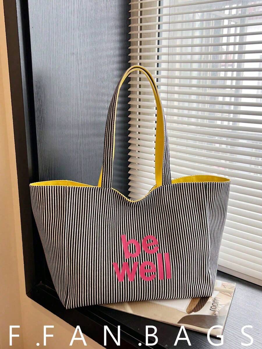 Bolsa de lona a rayas de doble cara, una bolsa de compras minimalista ligera y casual, adecuada para mujeres jóvenes, estudiantes universitarios, principiantes y trabajadores de oficina. Ideal para oficina, escuela, trabajo, negocios, transporte, actividades al aire libre, viajes y otros escenarios - Negro - Ver 1
