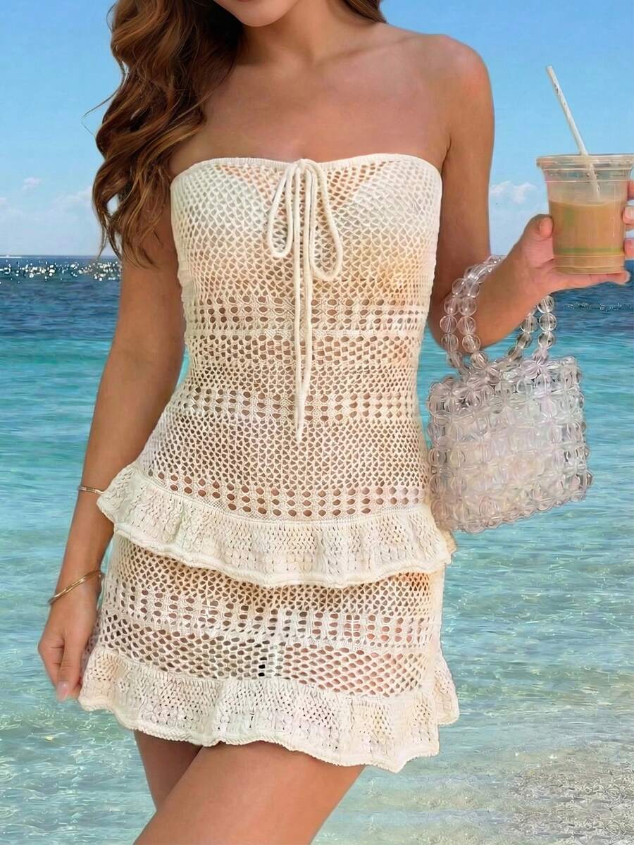 Women's Summer Beach Vacation Music Festival Sexy Hollow Out See-Through Bandeau Ruffle Hem Cropped Sleeve Cover Up Mini Dress - Apricot - View 1