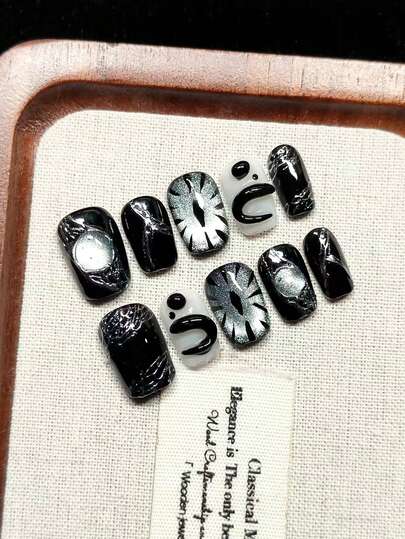 Handmade Nail Polish Disposable Stamped Artificial Nails, Black Short Square Shape, High-End Quality Silver Cat Eye, Minimalist Elegant Style Hand-Painted Eyes, Graffiti, Glitter, Suitable As Personalized Gift For Girls, Reusable