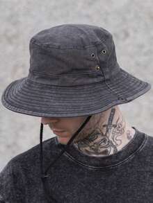 1Pc Men's Solid Color Bucket Hat Wide Brim Summer Sun Protection Portable For Outdoor Panama Hat With Adjustable Chin Strap - Multicolor - View 1