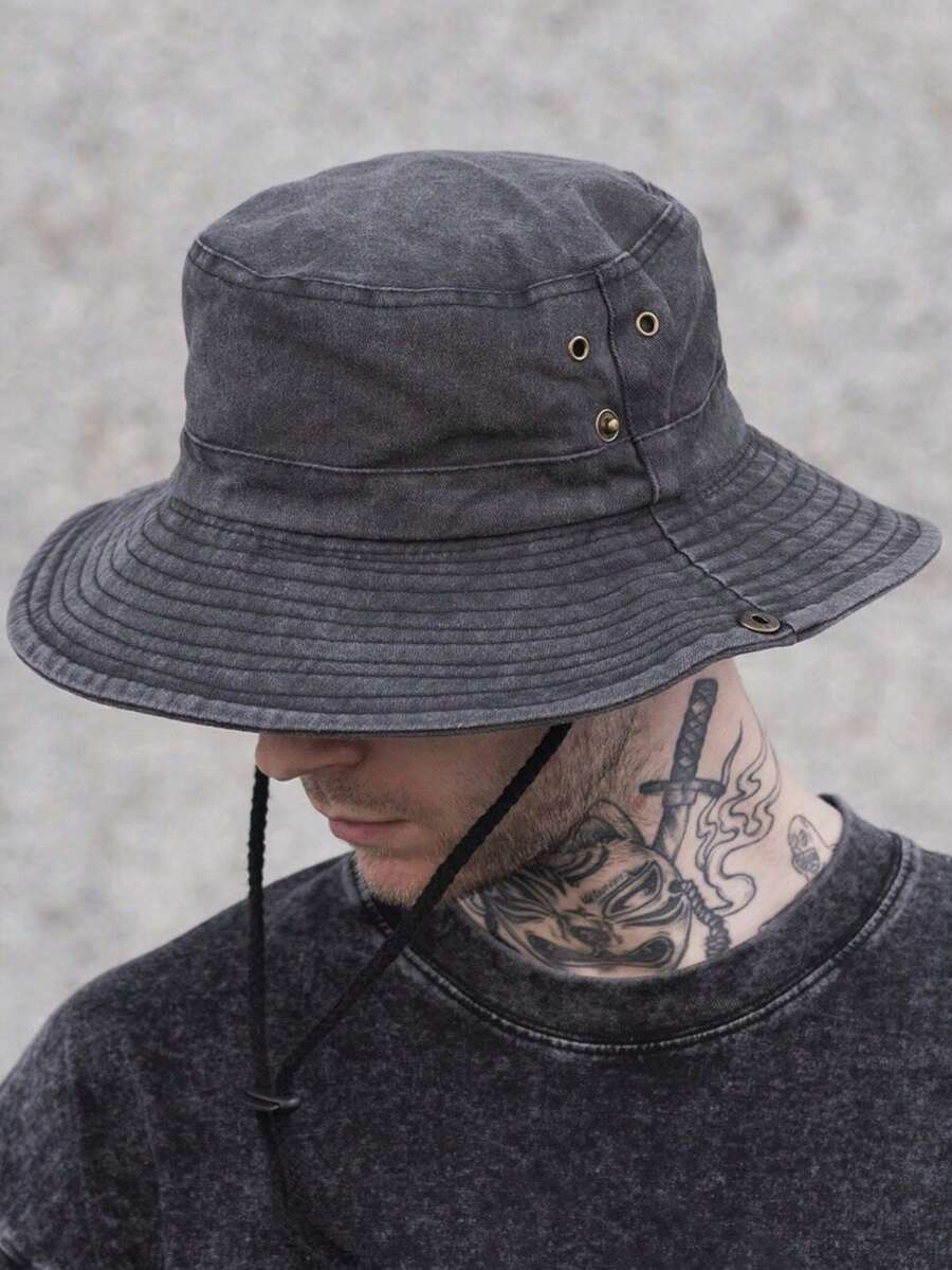 1Pc Men's Solid Color Bucket Hat Wide Brim Summer Sun Protection Portable For Outdoor Panama Hat With Adjustable Chin Strap - Multicolor - View 1