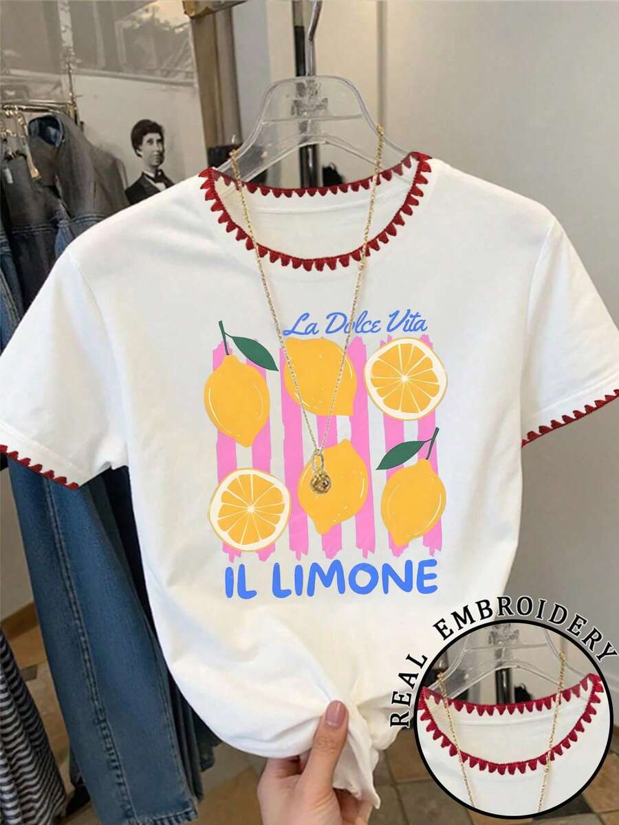 Women's White Short Sleeve T-Shirt, Lemon Print, Red Fan-Shaped Trim, Casual Knit Crew Neck Top Summer - White - View 1