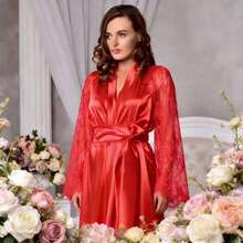 Women's Large European Style Sexy Imitation Ice Silk Lace Nightdress, Light Transparent Sleeveless Nightgown, Suitable For Home Leisure And Sleep Wear, Women's Pajamas, Women's Bathrobe, Bathrobe - Red - View 6